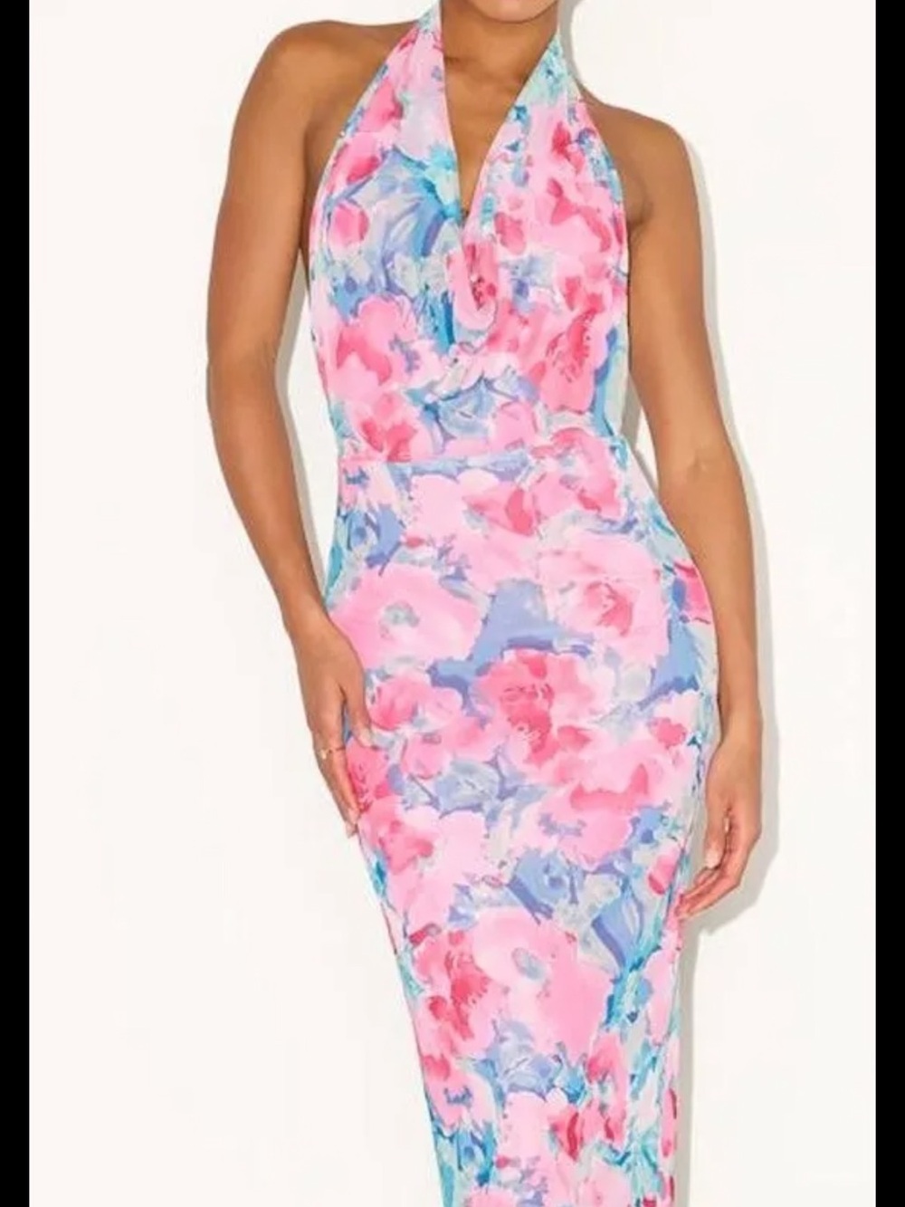 Lulu's Pink and Blue Floral Halter Bodycon Dress